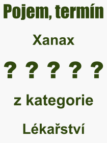Co je to Xanax? Vznam slova, termn, Odborn termn, vraz, slovo Xanax. Co znamen pojem Xanax z kategorie Lkastv?