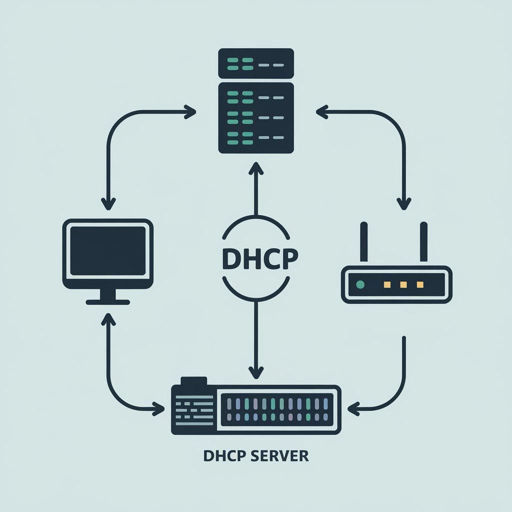 Kategorie internet, Diagram sítě s DHCP serverem, token, ilustrační obrázek Kategorie internet, Diagram sítě s DHCP serverem, token, ilustrační obrázek