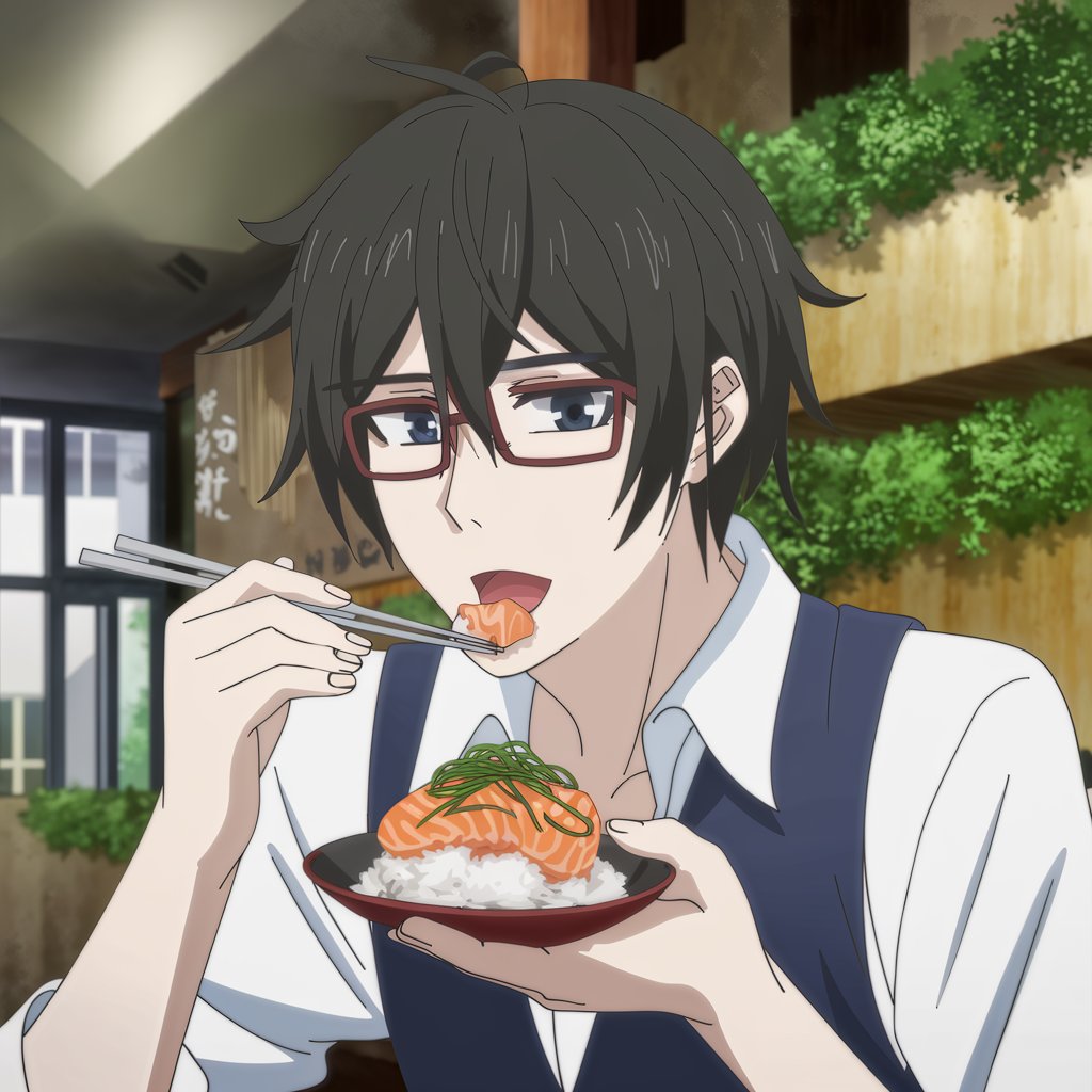 Kategorie j�dlo, Anime postava j� sushi s lososem, veganstv�, ilustra�n� obr�zek