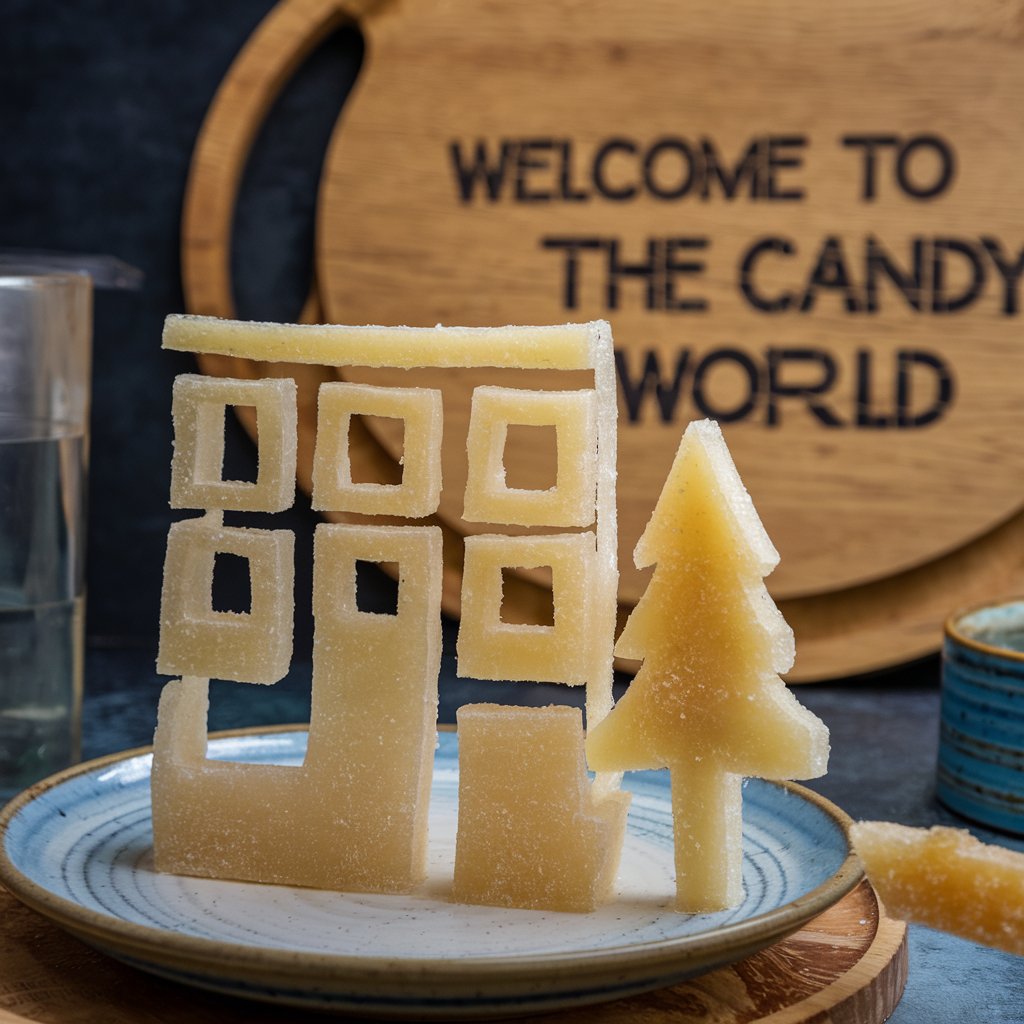 Kategorie jdlo, Cukrov budova s npisem Candy World, kurkuma, ilustran obrzek