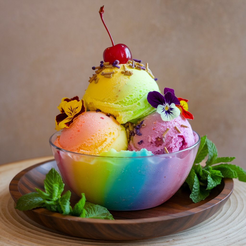 Kategorie jídlo, Duhový sorbet s květy a třešní, rondon, ilustrační obrázek Kategorie jídlo, Duhový sorbet s květy a třešní, rondon, ilustrační obrázek