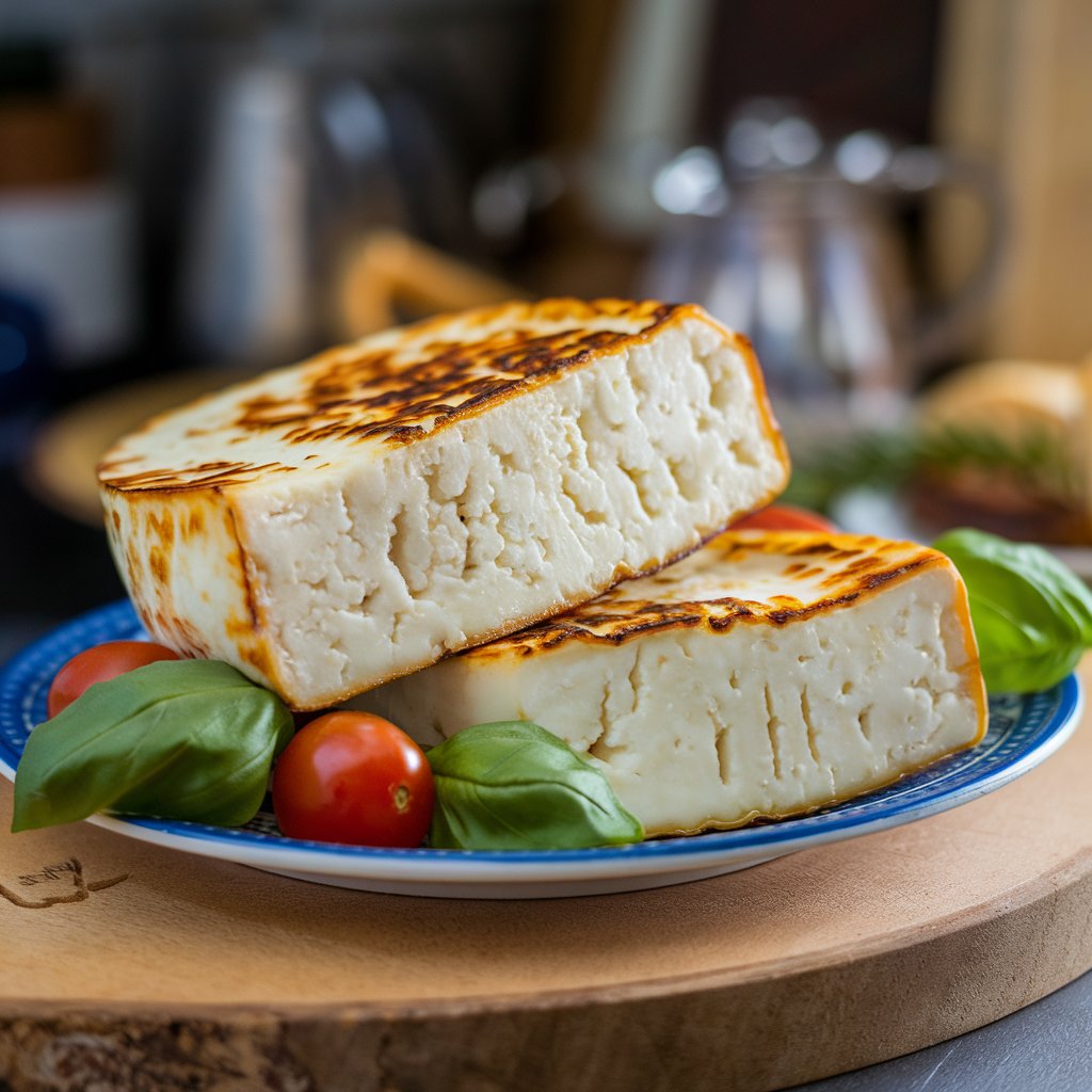 Kategorie jídlo, Grilovaný sýr Halloumi s rajčaty a bazalkou, hummus, ilustrační obrázek Kategorie jídlo, Grilovaný sýr Halloumi s rajčaty a bazalkou, hummus, ilustrační obrázek