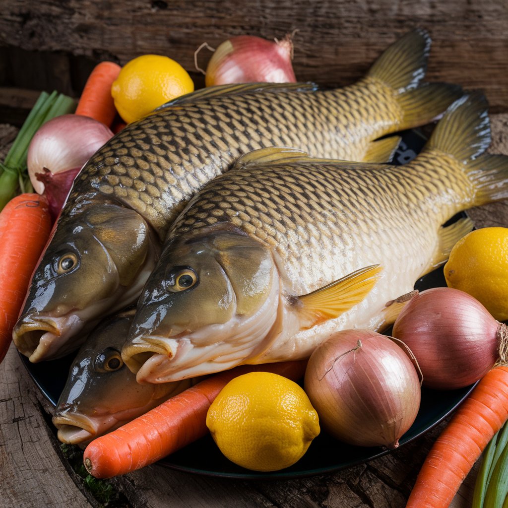 Kategorie jídlo, Kapři, cibule a citrony na talíři, Červená čočka, ilustrační obrázek Kategorie jídlo, Kapři, cibule a citrony na talíři, Červená čočka, ilustrační obrázek
