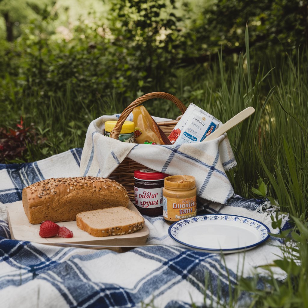 Kategorie jídlo, Piknik na louce s chlebem a džemem, tempeh, ilustrační obrázek Kategorie jídlo, Piknik na louce s chlebem a džemem, tempeh, ilustrační obrázek