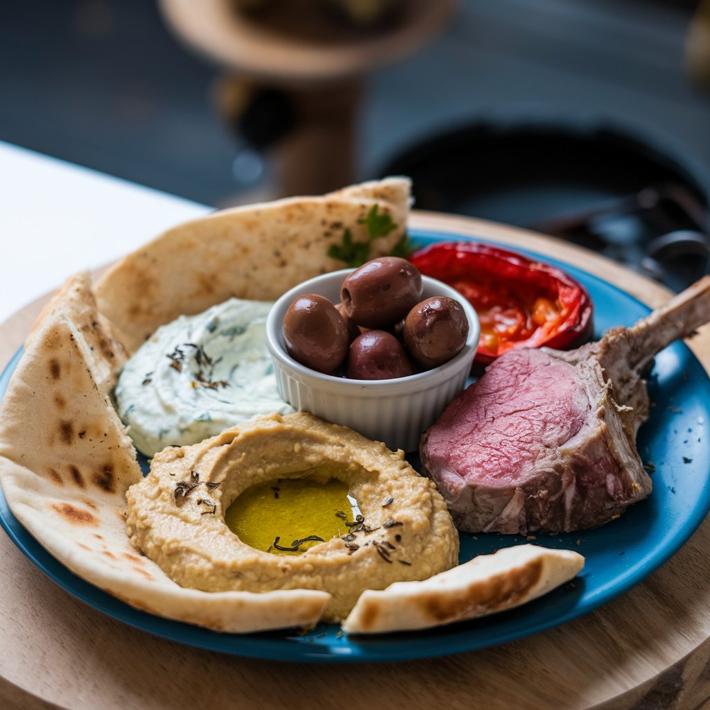 Kategorie jdlo, Pita s hummusem, tzatziki a jehnm, eck jogurt, ilustran obrzek
