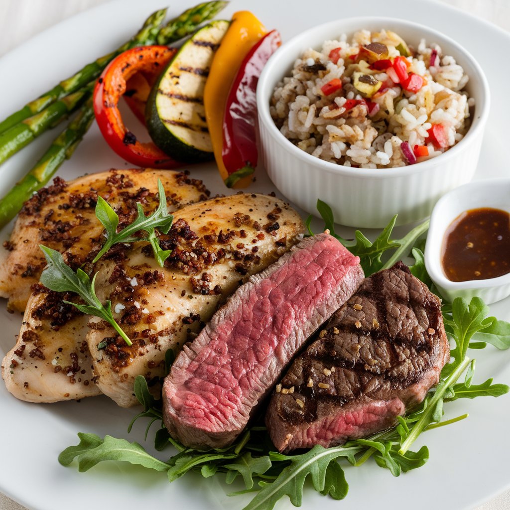 Kategorie jídlo, Steak, kuře, zelenina a rýže, moruše, ilustrační obrázek Kategorie jídlo, Steak, kuře, zelenina a rýže, moruše, ilustrační obrázek