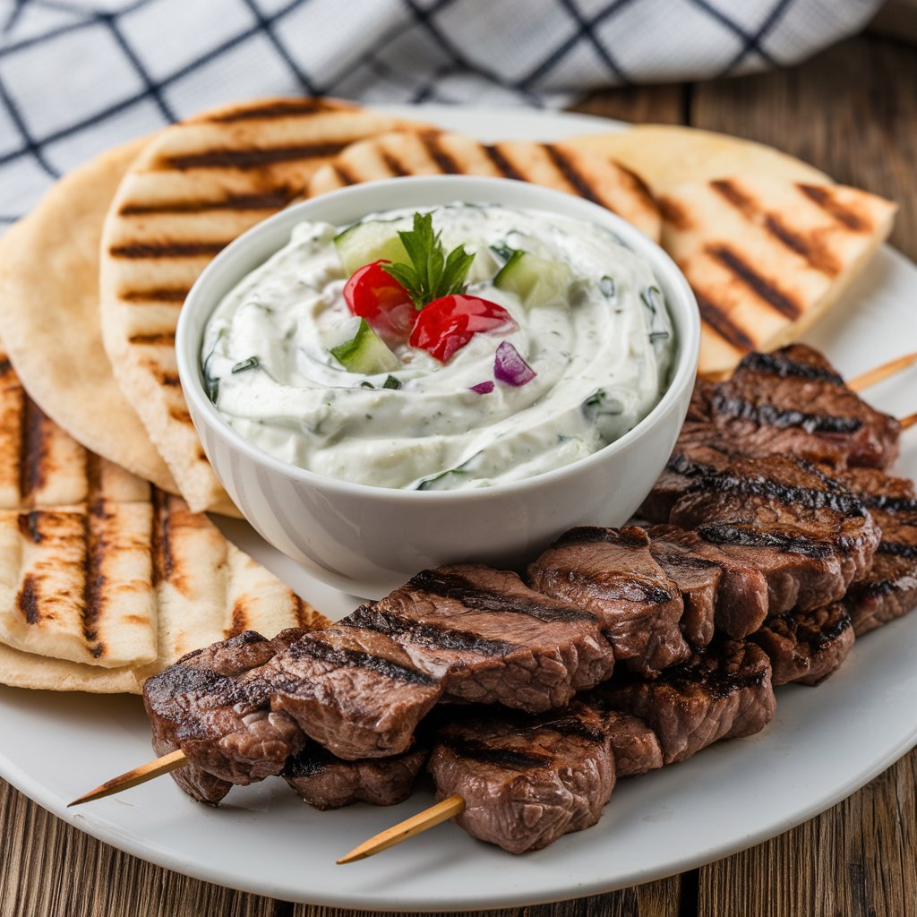 Kategorie jdlo, Tzatziki omka s pitou a grilovanm masem, galangal, ilustran obrzek