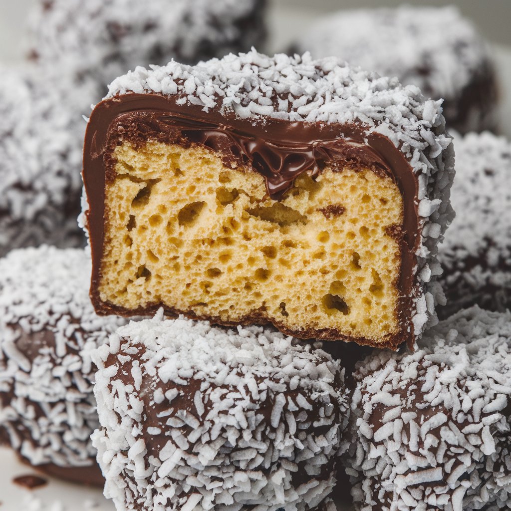 Kategorie jídlo, Zákusek Lamington s čokoládou a kokosem, tatarák, ilustrační obrázek Kategorie jídlo, Zákusek Lamington s čokoládou a kokosem, tatarák, ilustrační obrázek