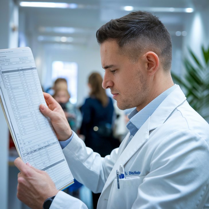 Kategorie lékařství, Doktor zkoumá lékařskou dokumentaci pozorně, elektronický recept, ilustrační obrázek Kategorie lékařství, Doktor zkoumá lékařskou dokumentaci pozorně, elektronický recept, ilustrační obrázek