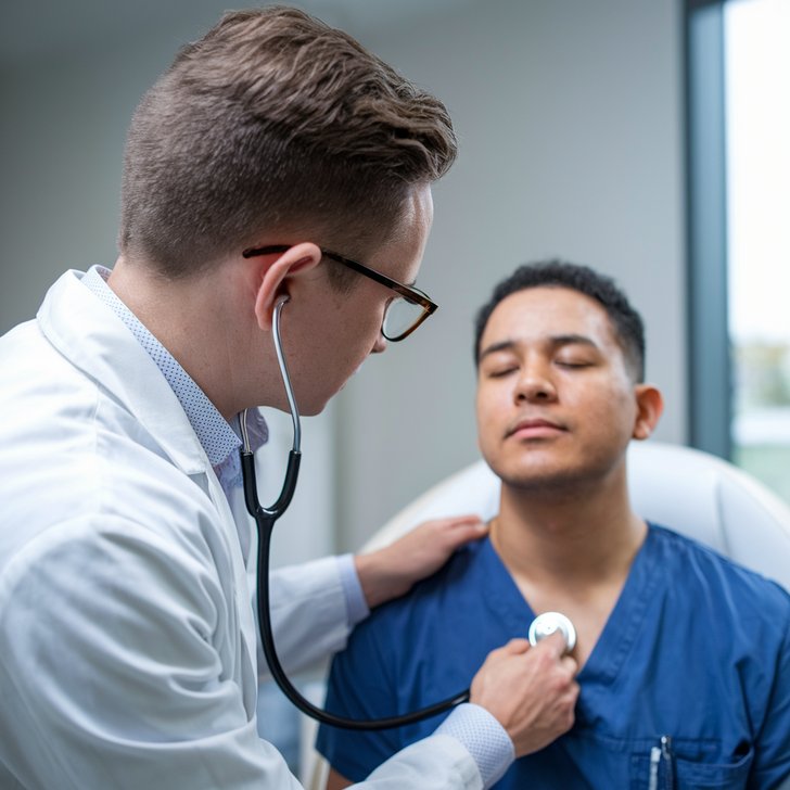 Kategorie lékařství, Lékař poslouchá pacienta v nemocnici, spirometrie, ilustrační obrázek Kategorie lékařství, Lékař poslouchá pacienta v nemocnici, spirometrie, ilustrační obrázek
