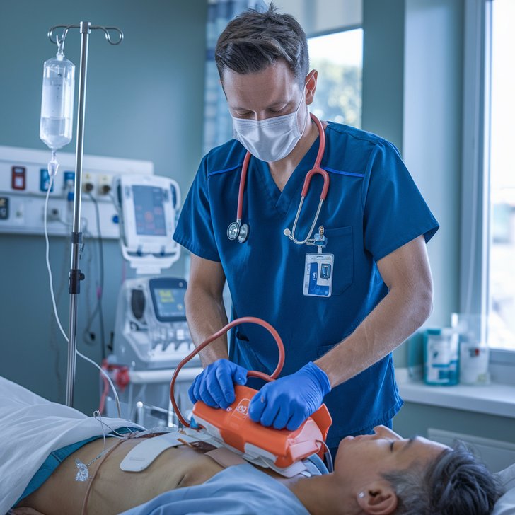 Kategorie lékařství, Lékař v roušce používá defibrilátor, pCR test, ilustrační obrázek Kategorie lékařství, Lékař v roušce používá defibrilátor, pCR test, ilustrační obrázek