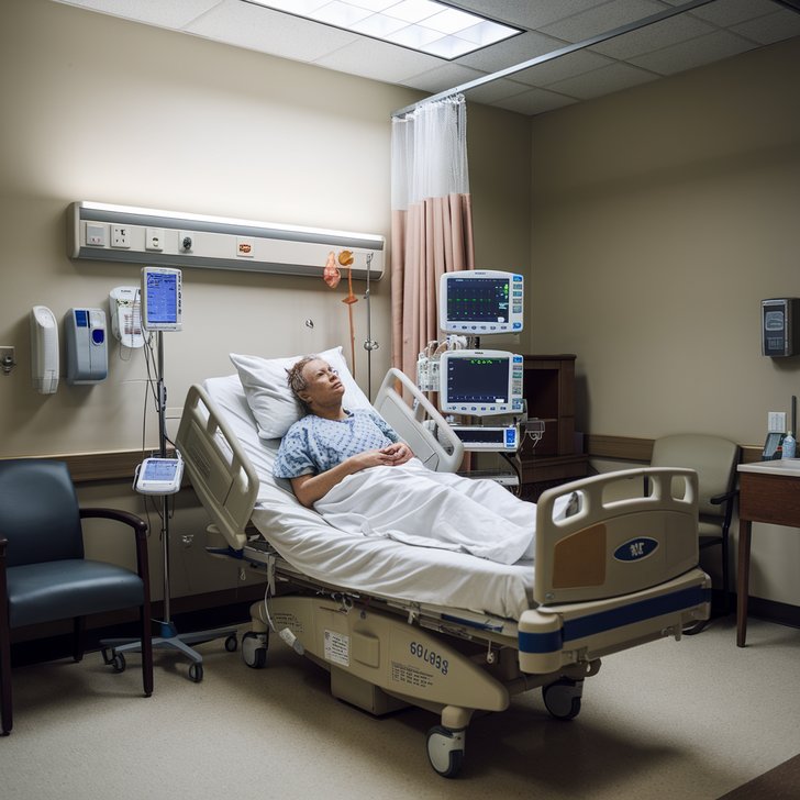 Kategorie l�ka�stv�, Pacient s monitorem v nemocni�n�m pokoji, cytoskopie, ilustra�n� obr�zek