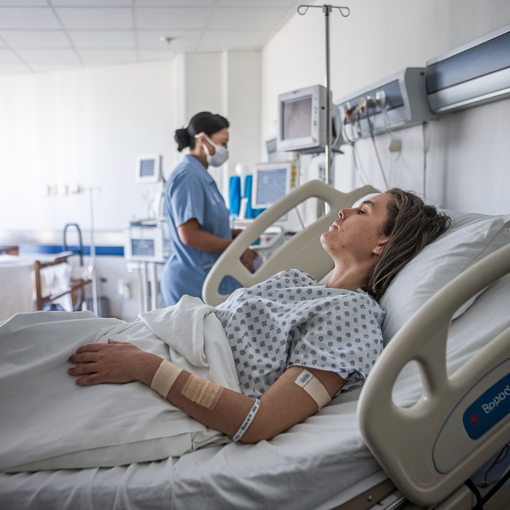 Kategorie l�ka�stv�, Pacient s obvazem a sestrou v pozad�, anestezie, ilustra�n� obr�zek