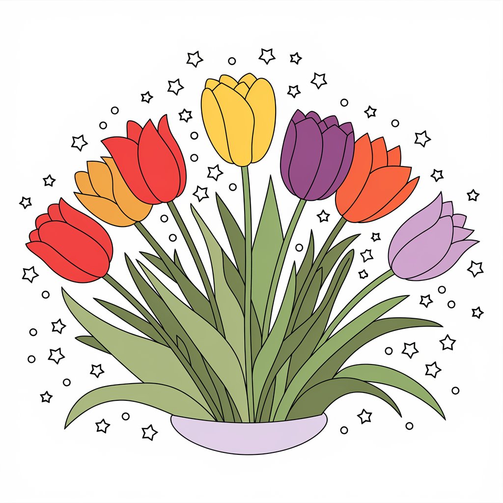 Kategorie rostliny, Tulipány obklopené bílými hvězdičkami, brť, ilustrační obrázek Kategorie rostliny, Tulipány obklopené bílými hvězdičkami, brť, ilustrační obrázek