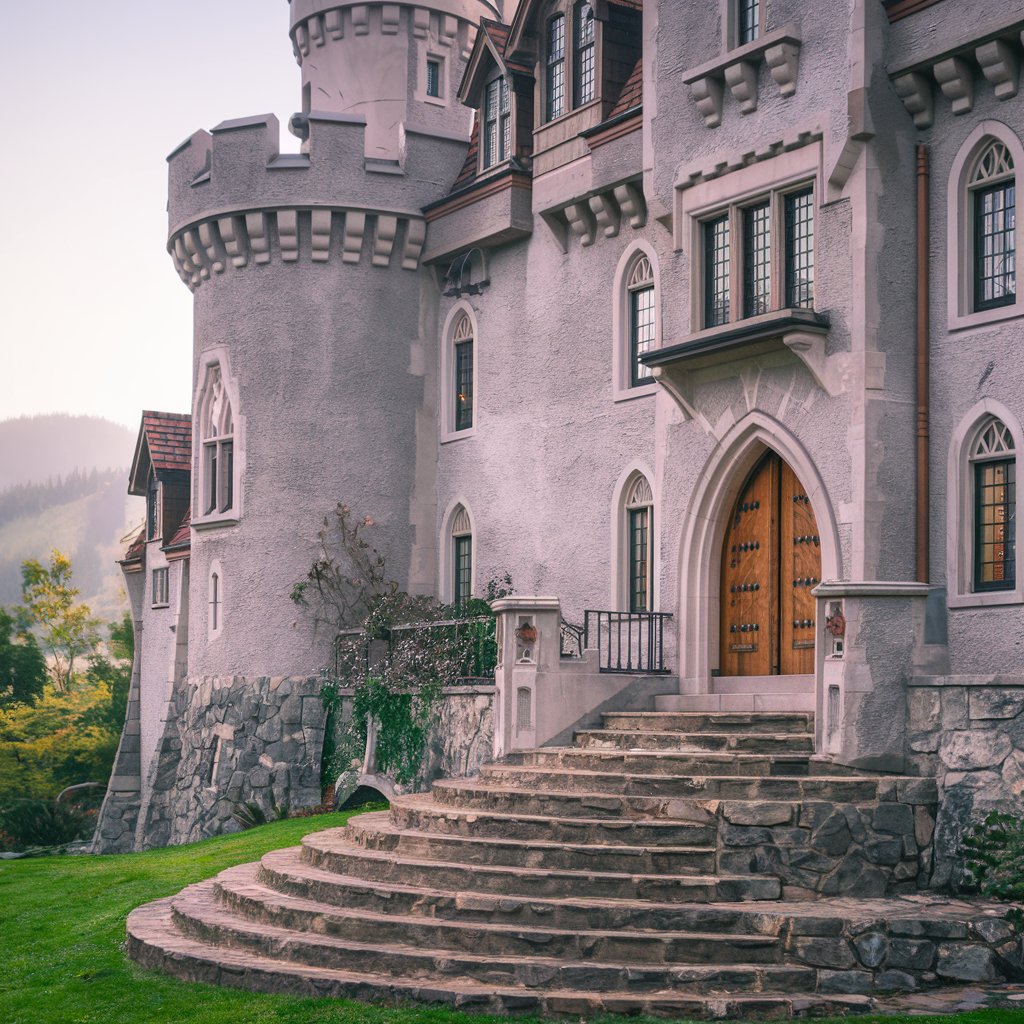 Kategorie stavebnictv�, Kamenn� hrad s horami v pozad�, um�l� k�men, ilustra�n� obr�zek