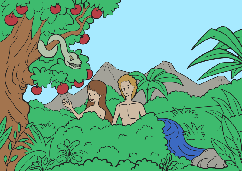 Adam a Eva se dopouští prvotního hříchu v ráji. Zdroj: openclipart.org, licence: public domain