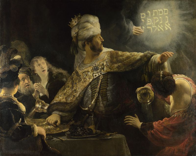 Varování krále Belšasara na Rembrandtově obrazu. Autor: Rembrandt, licence: Public domain