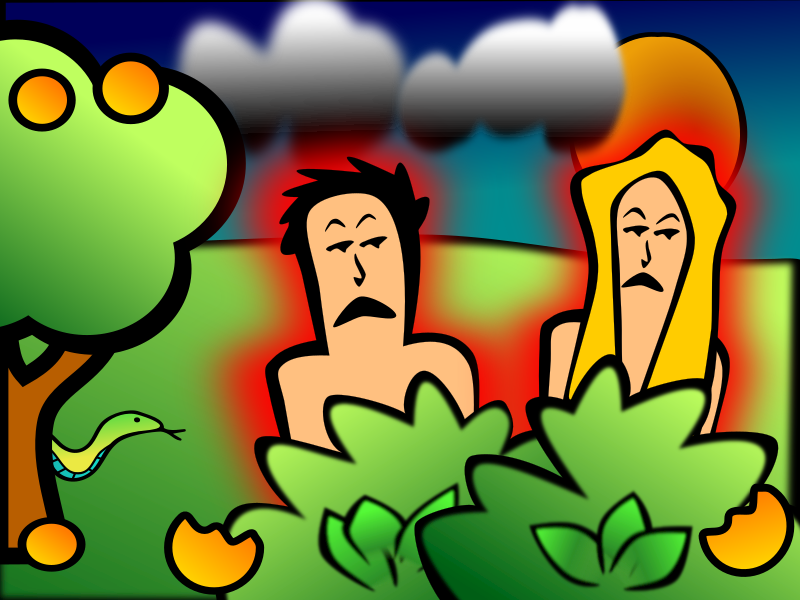 Karikatura prvotního hříchu. Adam a Eva v zahradě Eden. Autor: rygle, zdroj: OpenClipart.org