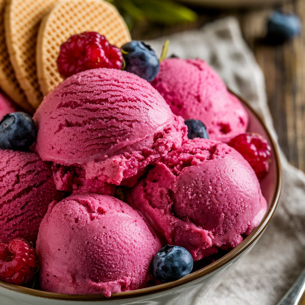 Sorbet je typ mra�en�ho dezertu, kter� se vyr�b� z ovocn� ���vy nebo pyr�, cukru a vody. Zdroj: Ideogram.AI