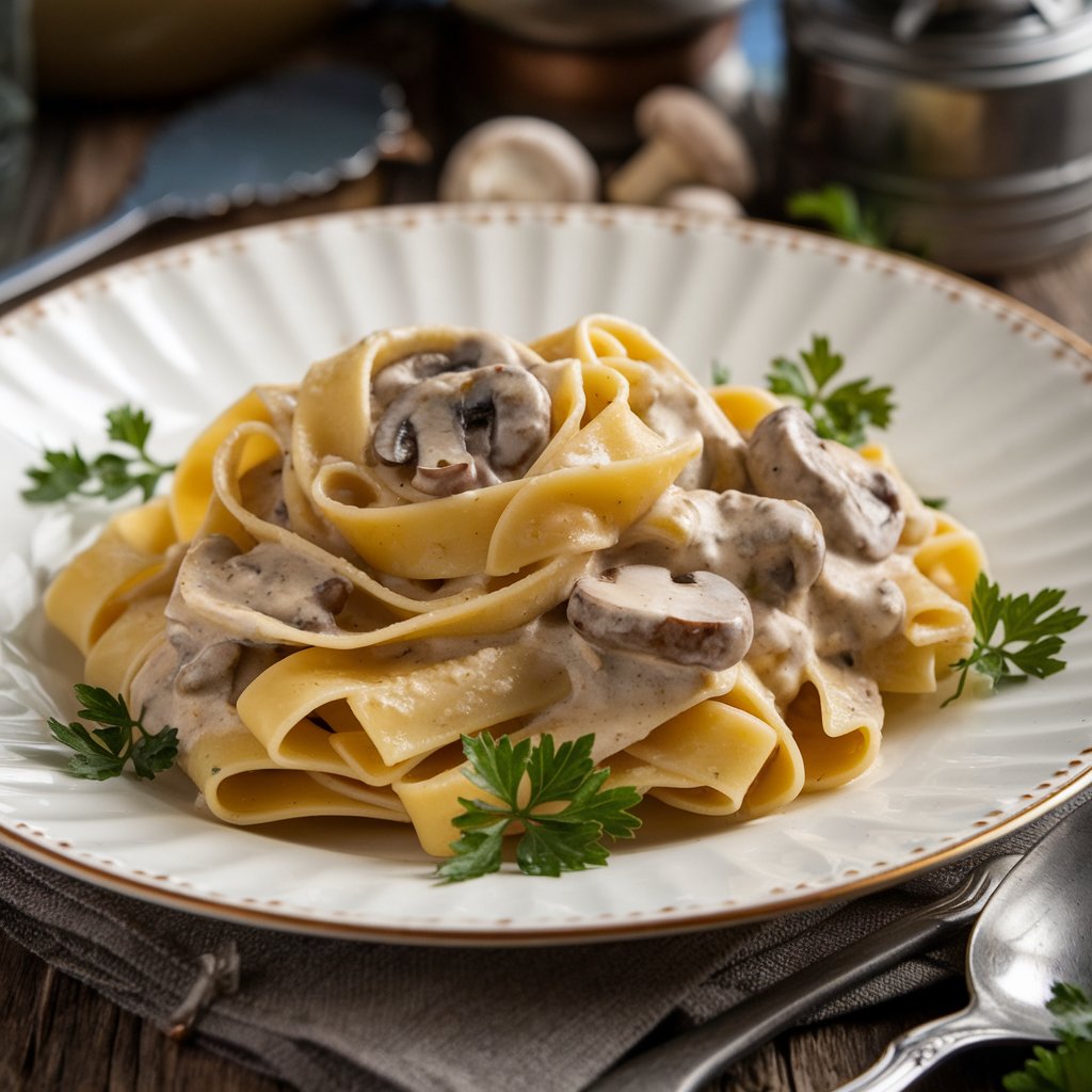 Tstoviny tagliatelle v pokrmu s houbami. Zdroj: Ideogram.AI