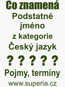 Co je to Podstatn jmno? Vznam slova, termn, Odborn vraz, definice slova Podstatn jmno. Co znamen slovo Podstatn jmno z kategorie esk jazyk?